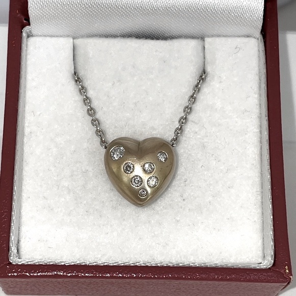 Solid 14K Yellow White Gold Natural Diamond Chunky Puffy Heart Pendant Necklace - Picture 3 of 17